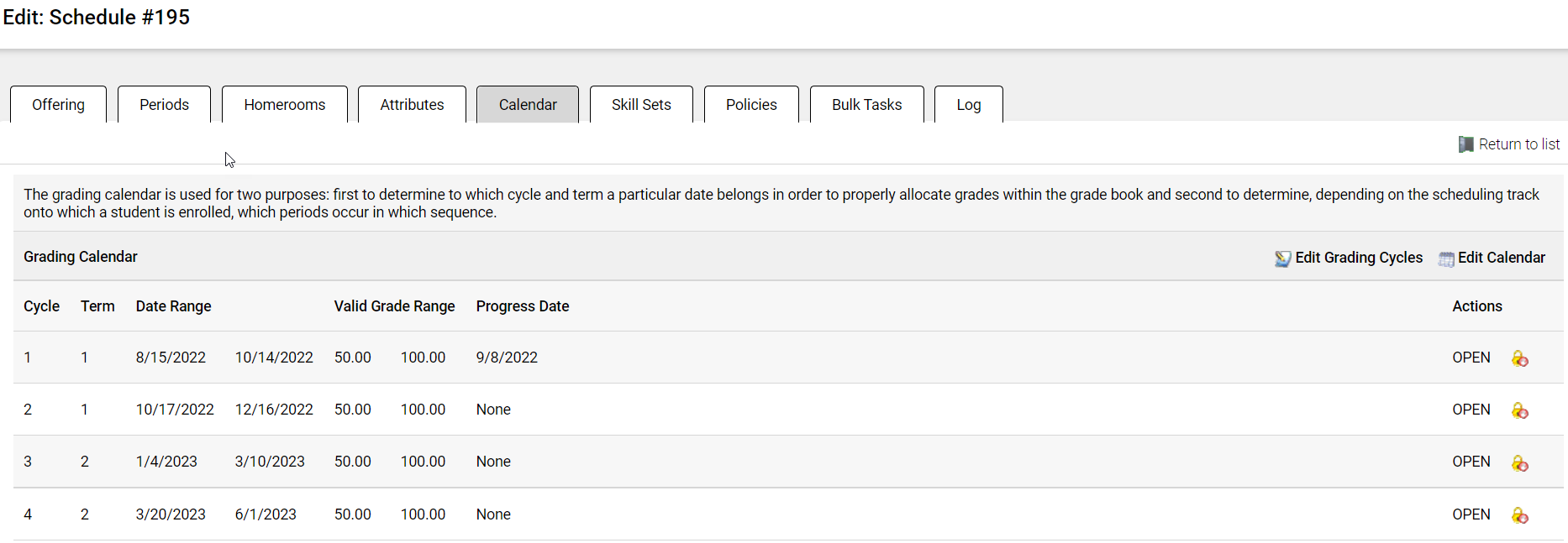 SCD Edit the Grading Calendar Grading Cycle